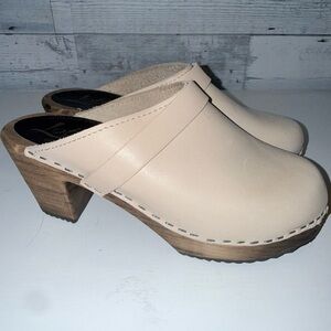 Lottas Cream Leather Women's Classic Heel Clogs Size 37 6.5